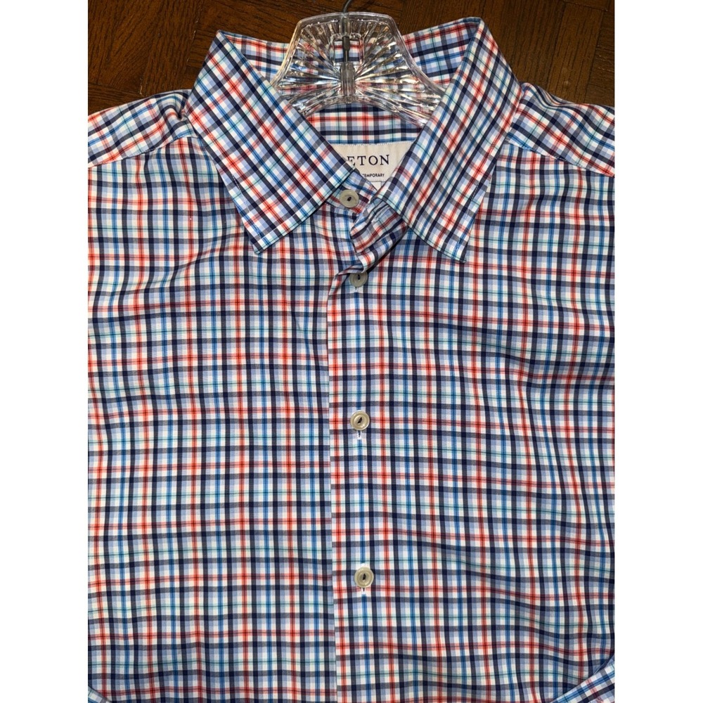 Eton‎ Contemporary Fit Red Plaid Shirt Mens Size XL Classic Luxurious Feel